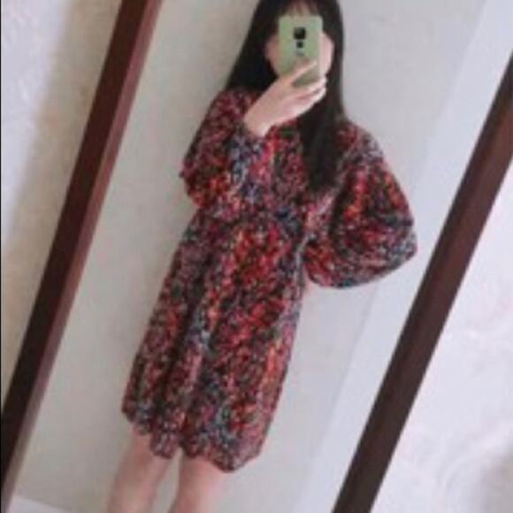 Zara Womens Micro Pleated Floral Detail Puff Sleeve Ruffled Dress Size Medium - Picture 3 of 10